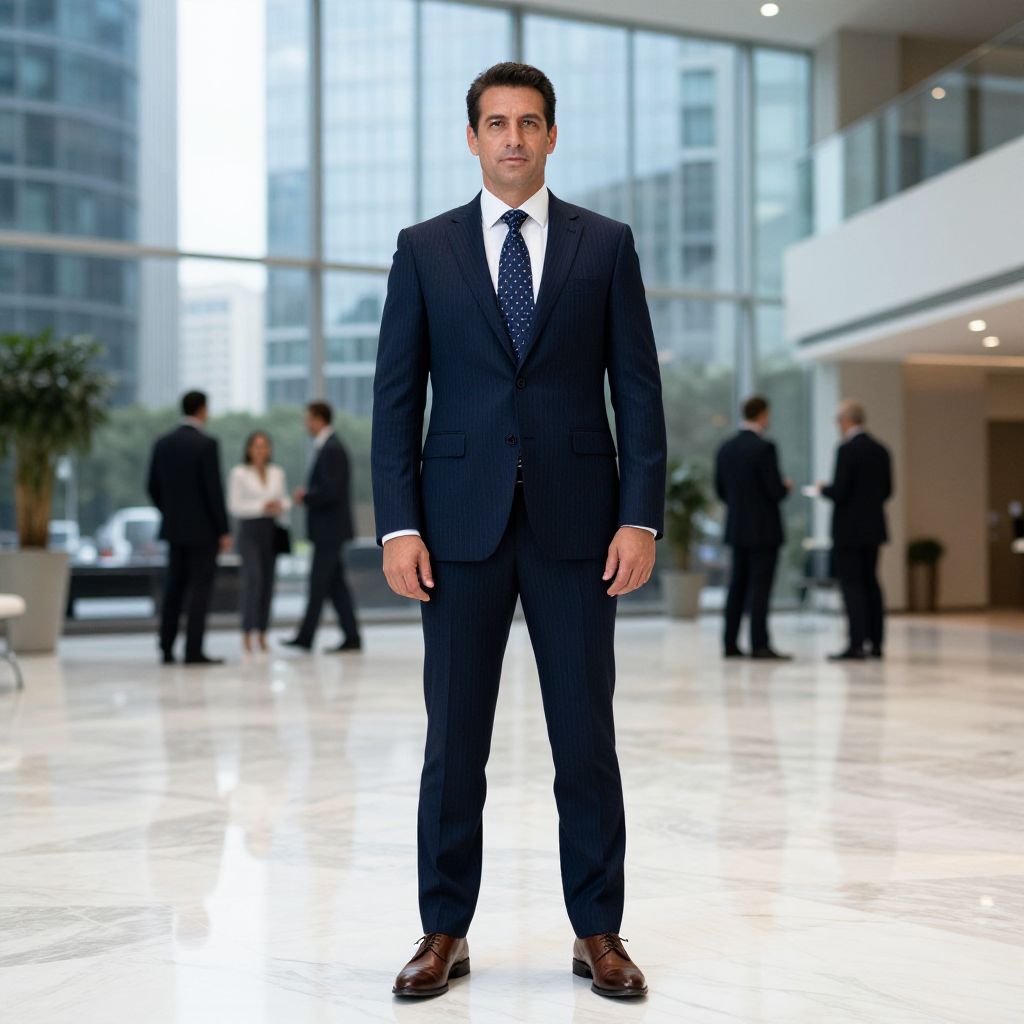 Confident Businessman in Navy Suit Standing in Modern Corporate Lobby
