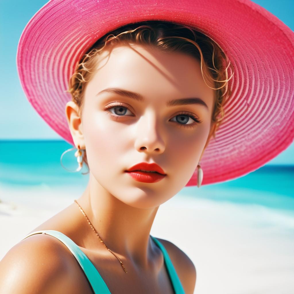 Young Woman in Pink Sun Hat at Beach