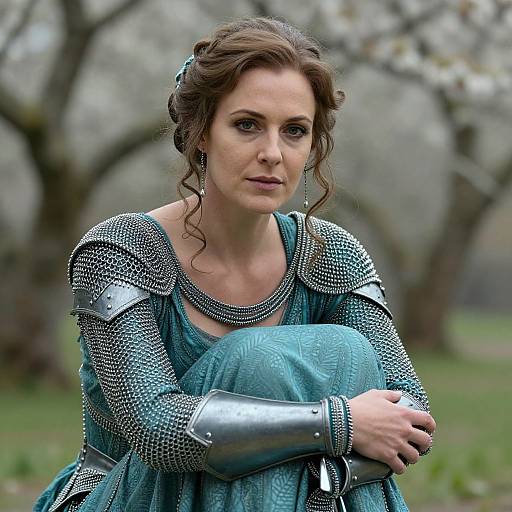 Woman in Chainmail Armor Sitting Outdoors in Medieval Costume