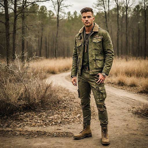 Stylish Man in Olive Green Military Outfit Standing on Dirt Path in Nature