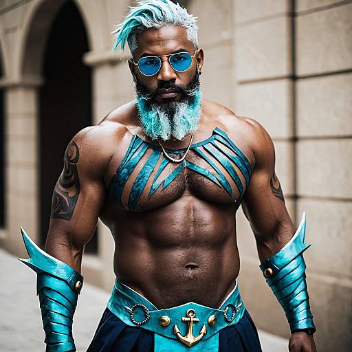 Muscular Man in Turquoise Nautical Warrior Costume with Hair Dye and Sunglasses