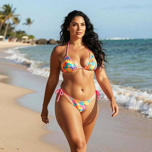 Confident Woman Walking on Beach in Colorful Floral Bikini