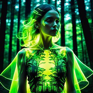 Woman in Neon-Green Aura in Forest