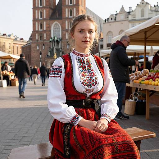 Young Woman in Traditional Eastern European Folk Dress at Outdoor Market