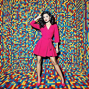 Stylish Woman in Pink Dress Against Colorful Geometric Background