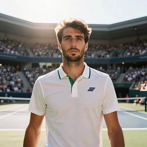 Focused Male Tennis Player in White Polo Shirt on Court with Crowd