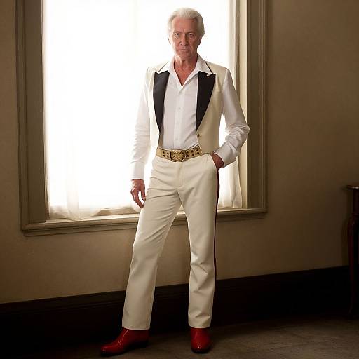 Elderly Man in White Tuxedo with Red Boots Standing by Window