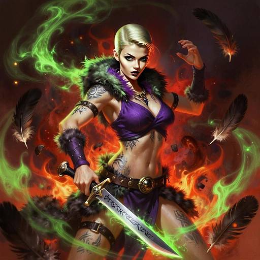 Powerful Female Warrior with Glowing Sword in Fantasy Magic Scene