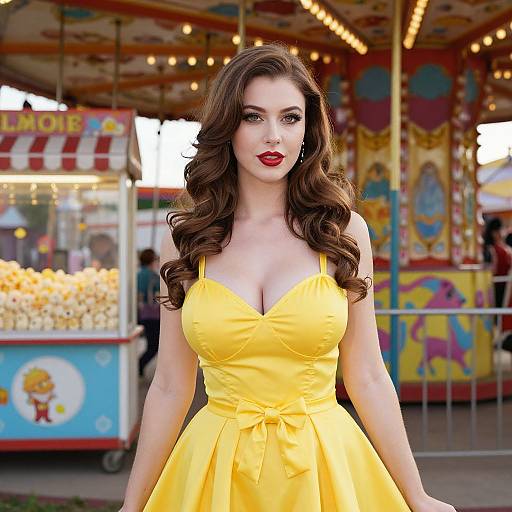 Glamorous Woman in Yellow Dress at Vibrant Carnival Scene