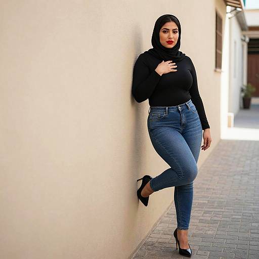 Modern Woman in Black Hijab and Blue Jeans Leaning on Wall