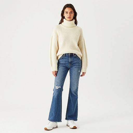 Young Woman Wearing Cozy Turtleneck Sweater and Flared Jeans Fashion