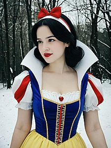 Young Woman in Fairytale Costume in Snowy Forest