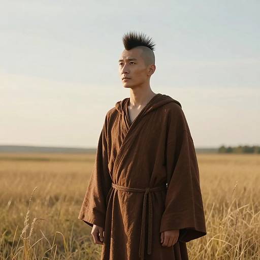 Man in Brown Robe with Mohawk Standing in Golden Field
