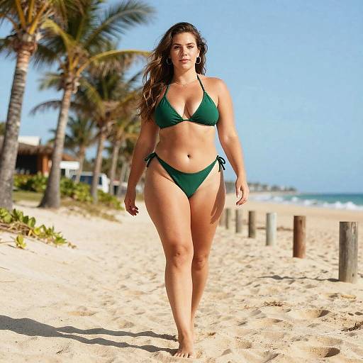 Woman in Green Bikini Walking on Tropical Beach with Palm Trees