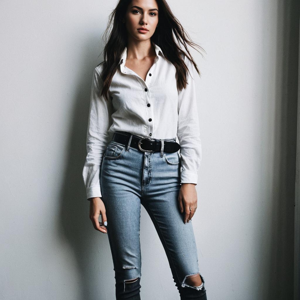 Young Woman in Casual White Shirt and Ripped Jeans Standing Against Gray Wall