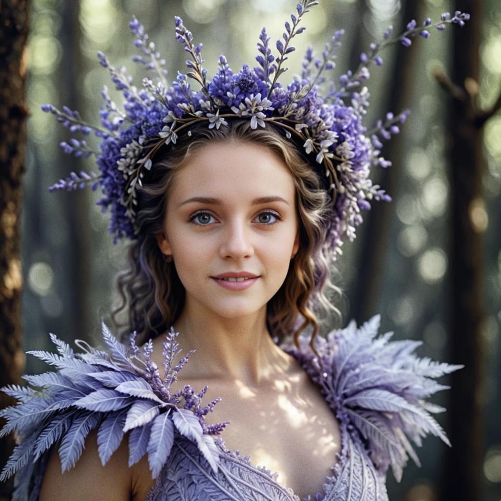 Woman with Lavender Crown in Mystical Forest