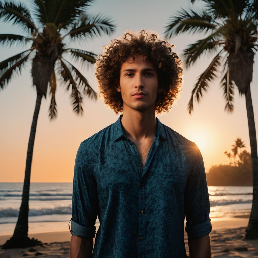 Young Man on Beach at Sunset with Palm Trees
