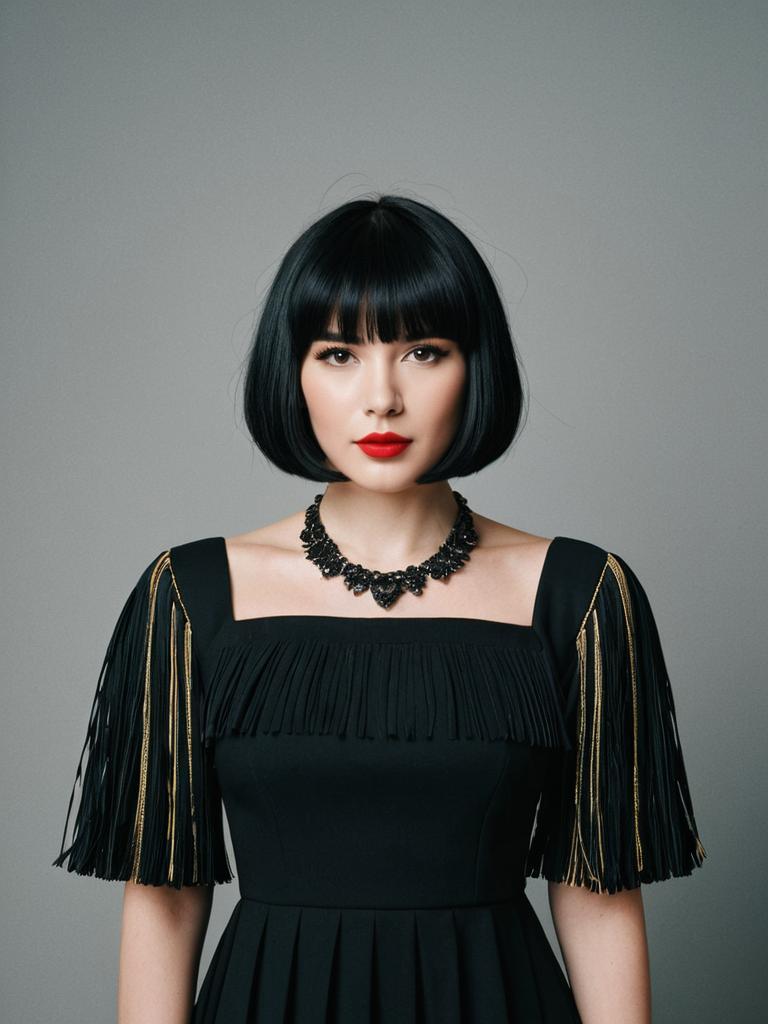 Elegant Woman with Black Bob Wig and Fringe in Black Dress with Jewelry