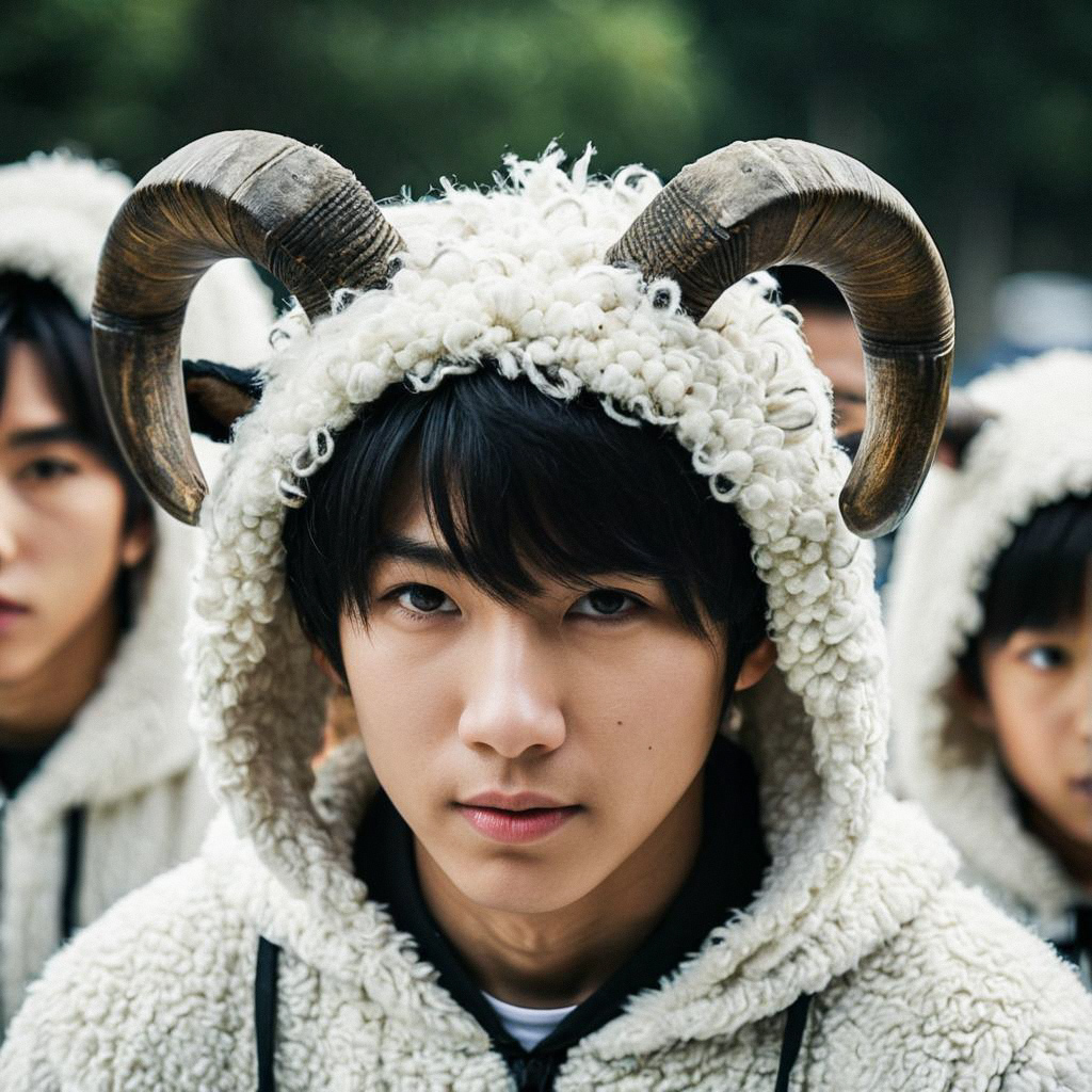 Young Man in Sheep Costume with Horns Young Man in Sheep Costume with Horns
