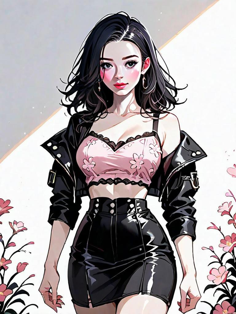 Stylish Young Woman in Pink Floral Crop Top and Black Leather Outfit Digital Illustration
