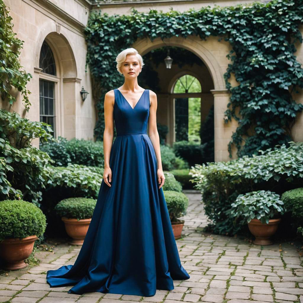 Elegant Woman in Blue Gown in Lush Garden