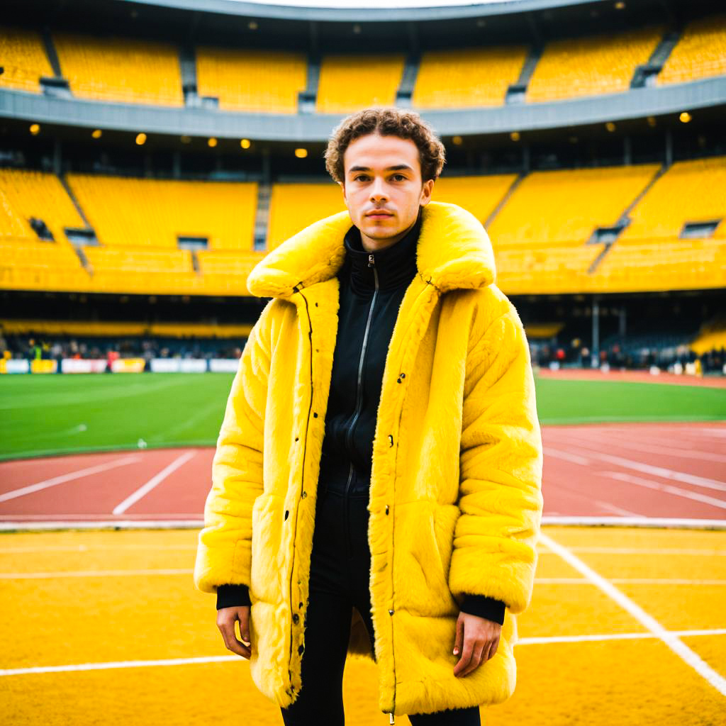 Stylish Young Man in Yellow Fur Coat at Stadium