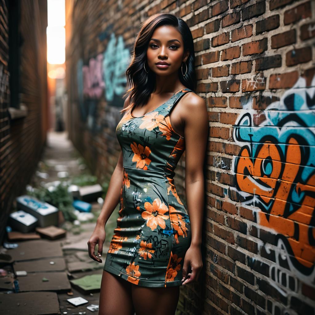 Confident Woman in Floral Dress in Urban Alley Confident Woman in Floral Dress in Urban Alley