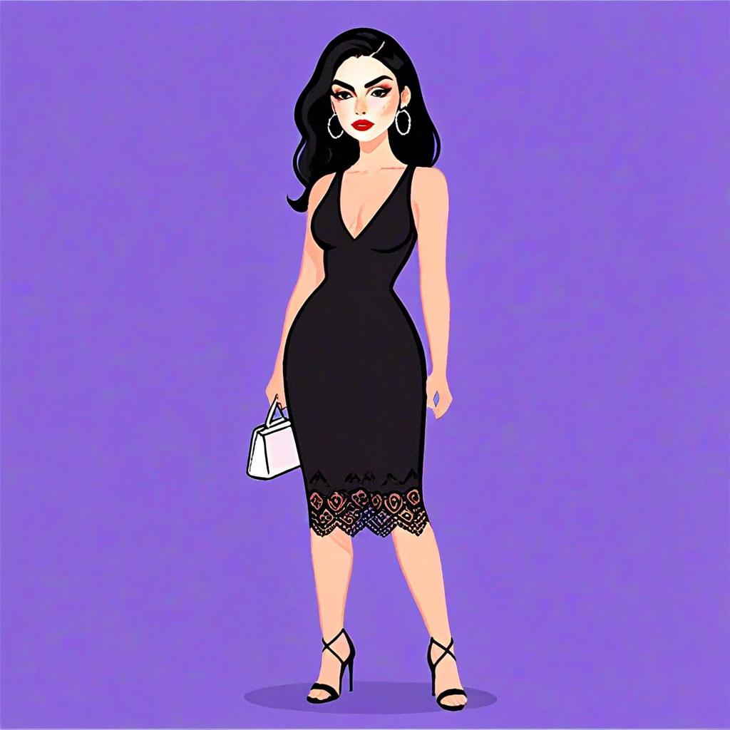 Stylish Woman in Black Backless Bodycon Dress with Lace Detail - Digital Fashion Illustration