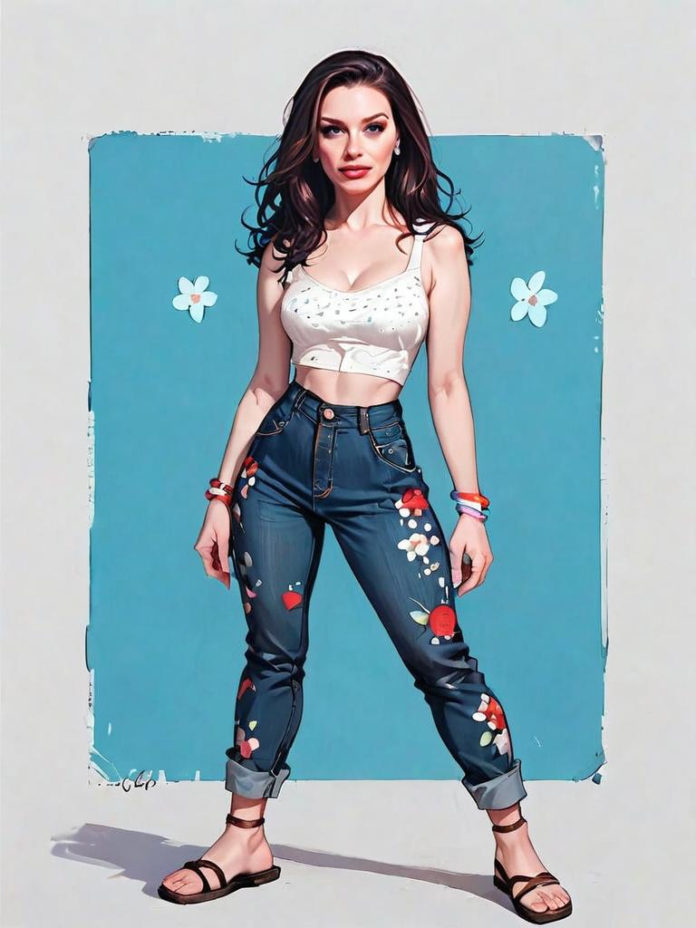 Realistic Comic Style Bohemian Woman Full Body Illustration