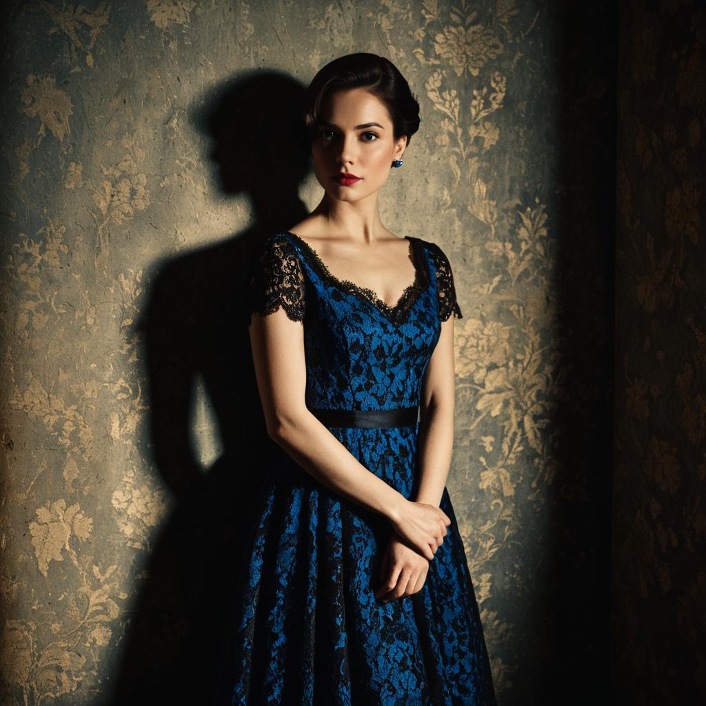 Elegant Woman in Blue Lace Dress with Vintage Floral Wallpaper Background