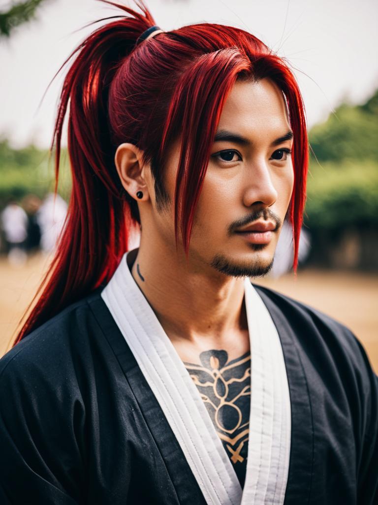 Abarai Renji Inspired Man with Red Hair in Martial Arts Uniform