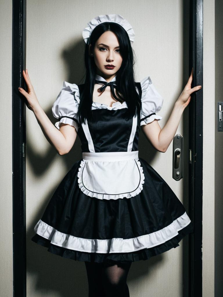 Woman in Lockable Gothic Maid Costume Full Body Cosplay Photo