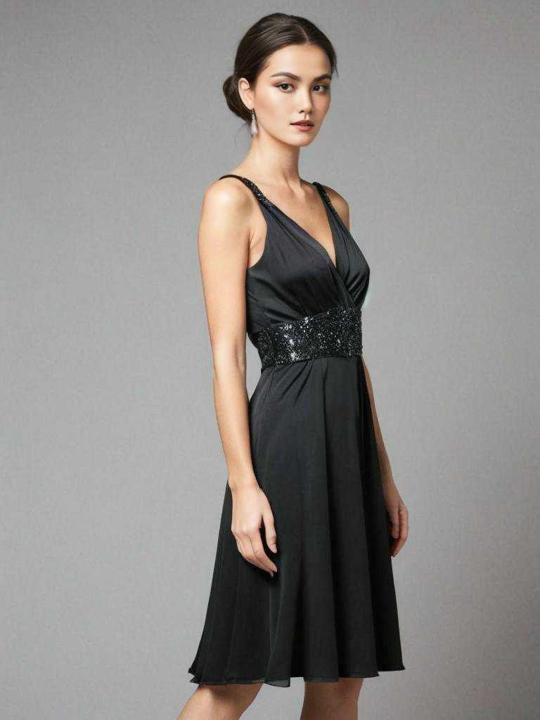 Elegant Woman in Black Dress with Sparkling Embellishments