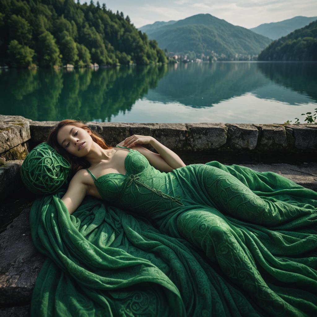 Elegant Woman in Green Dress by Serene Lake