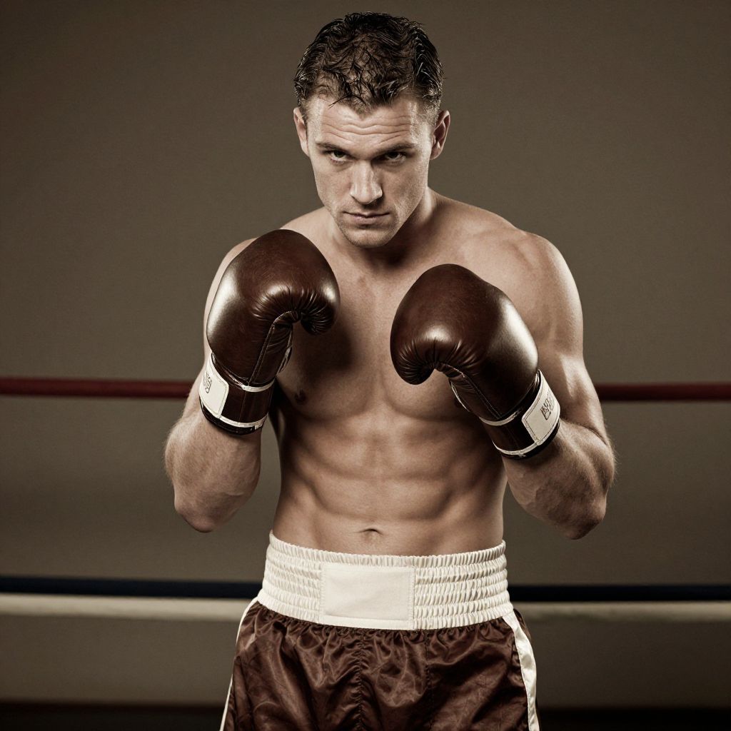 Male Boxer in Fighting Stance with Brown Gloves in Boxing Ring