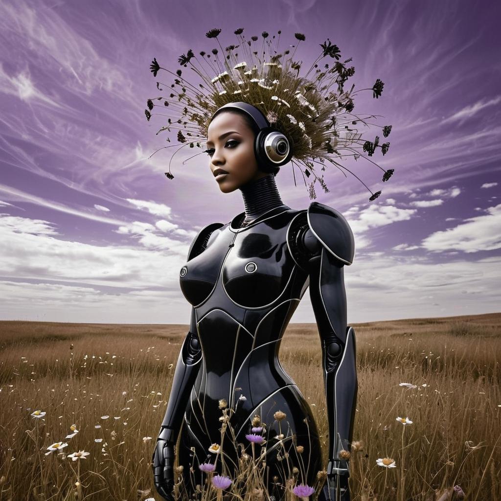 Futuristic Woman Android with Floral Headpiece in Field