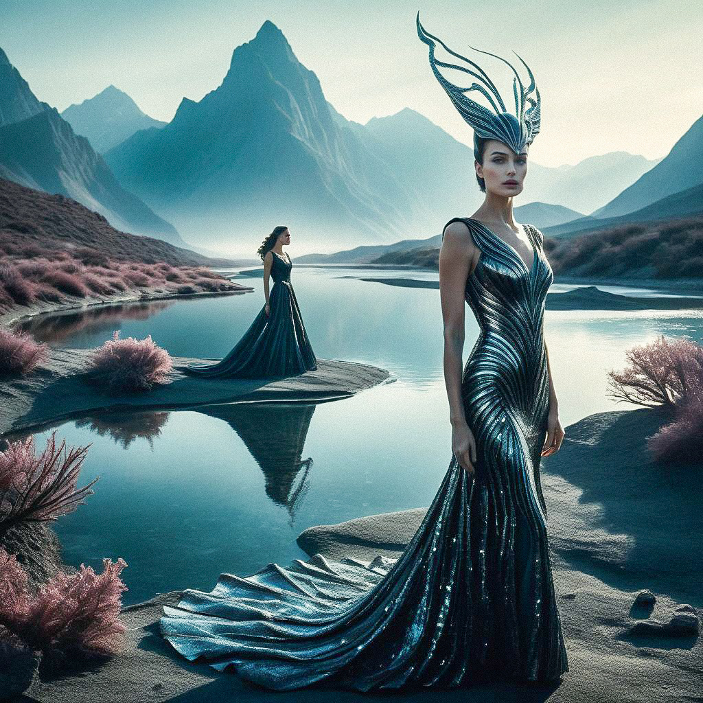 Elegant Women in Shimmering Gowns by Serene Water