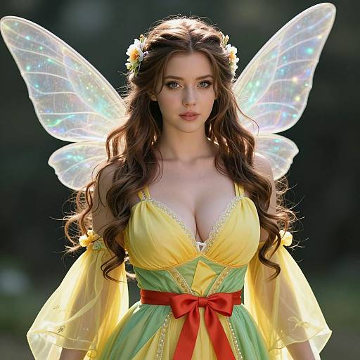 Fantasy Fairy Woman in Yellow Dress with Iridescent Wings