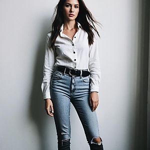 Young Woman in Casual White Shirt and Ripped Jeans Standing Against Gray Wall