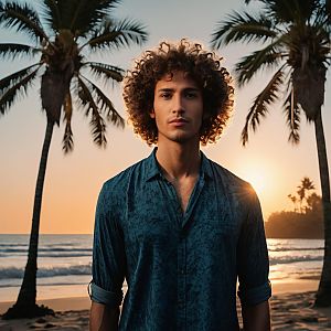Young Man on Beach at Sunset with Palm Trees