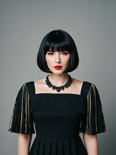Elegant Woman with Black Bob Wig and Fringe in Black Dress with Jewelry