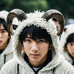 Young Man in Sheep Costume with Horns