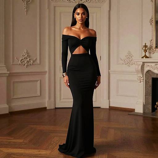 Elegant Woman in Black Off-Shoulder Evening Gown Standing in Luxury Room