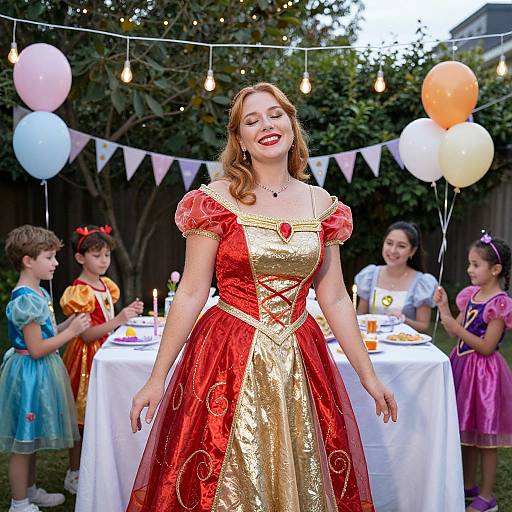 Woman in Red and Gold Princess Dress at Outdoor Kids Costume Party