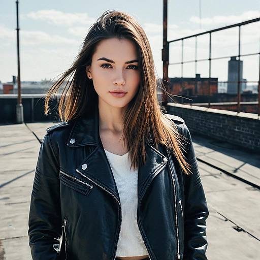 Young Woman in Black Leather Jacket on Urban Rooftop