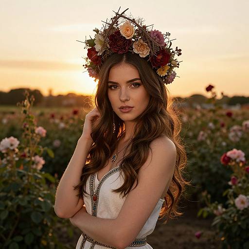 Woman in Floral Crown at Sunset Rose Garden