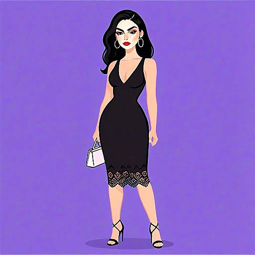 Stylish Woman in Black Backless Bodycon Dress with Lace Detail - Digital Fashion Illustration