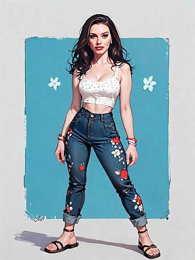 Realistic Comic Style Bohemian Woman Full Body Illustration