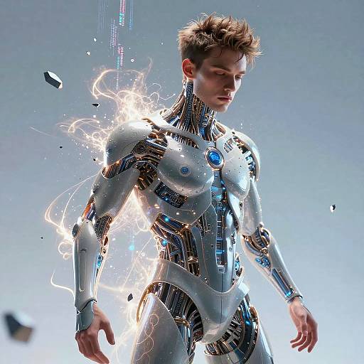 Futuristic Young Man in Advanced Cybernetic Armor Technology