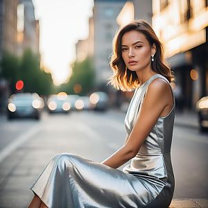 Stylish Woman in Silver Gown on City Sidewalk